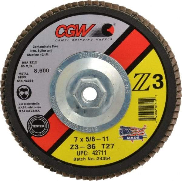 Camel Grinding Wheels - 36 Grit, 7" Disc Diam, 5/8-11 Center Hole, Type 27 Zirconia Alumina Flap Disc - 8,600 Max RPM, Poly Cotton Backing, Arbor Attaching System, Coated - Industrial Tool & Supply