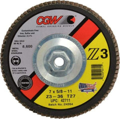 Camel Grinding Wheels - 36 Grit, 7" Disc Diam, 5/8-11 Center Hole, Type 27 Zirconia Alumina Flap Disc - 8,600 Max RPM, Poly Cotton Backing, Arbor Attaching System, Coated - Industrial Tool & Supply