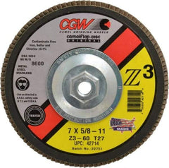 Camel Grinding Wheels - 60 Grit, 7" Disc Diam, 5/8-11 Center Hole, Type 27 Zirconia Alumina Flap Disc - 8,600 Max RPM, Poly Cotton Backing, Arbor Attaching System, Coated - Industrial Tool & Supply