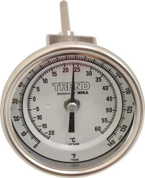 Wika - 4 Inch Long Stem, 3 Inch Dial Diameter, Stainless Steel, Adjustable Angle Bi-Metal Thermometer - -20 to 60°C, 1% Accuracy - Industrial Tool & Supply