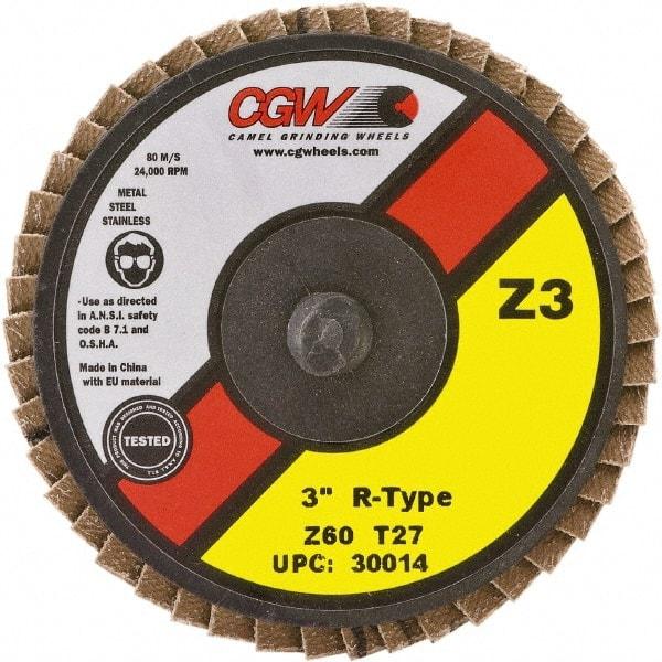 Camel Grinding Wheels - 40 Grit, 3" Disc Diam, Type 27 Zirconia Alumina Flap Disc - 24,000 Max RPM, Poly Cotton Backing, Quick Change Type R Attaching System, Coated - Industrial Tool & Supply