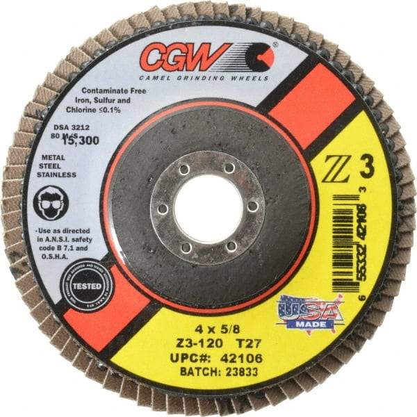 Camel Grinding Wheels - 120 Grit, 4" Disc Diam, 5/8" Center Hole, Type 27 Zirconia Alumina Flap Disc - 15,300 Max RPM, Poly Cotton Backing, Arbor Attaching System, Coated - Industrial Tool & Supply