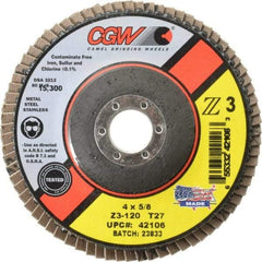 Camel Grinding Wheels - 120 Grit, 4" Disc Diam, 5/8" Center Hole, Type 27 Zirconia Alumina Flap Disc - 15,300 Max RPM, Poly Cotton Backing, Arbor Attaching System, Coated - Industrial Tool & Supply