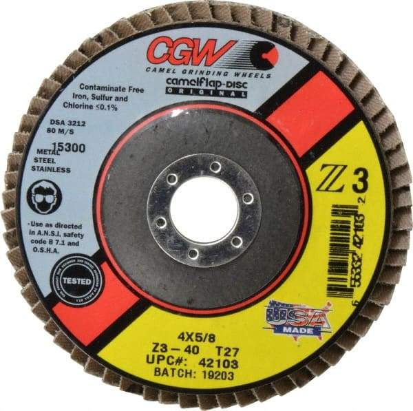 Camel Grinding Wheels - 40 Grit, 4" Disc Diam, 5/8" Center Hole, Type 27 Zirconia Alumina Flap Disc - 15,300 Max RPM, Poly Cotton Backing, Arbor Attaching System, Coated - Industrial Tool & Supply