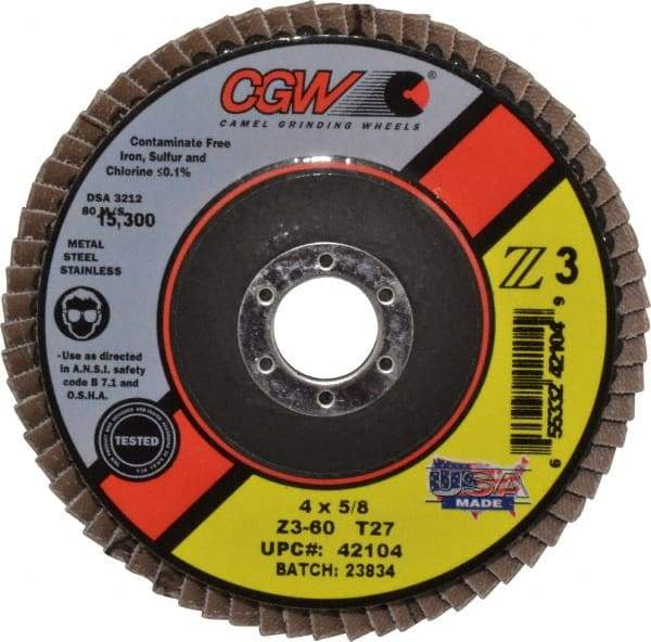 Camel Grinding Wheels - 60 Grit, 4" Disc Diam, 5/8" Center Hole, Type 27 Zirconia Alumina Flap Disc - 15,300 Max RPM, Poly Cotton Backing, Arbor Attaching System, Coated - Industrial Tool & Supply