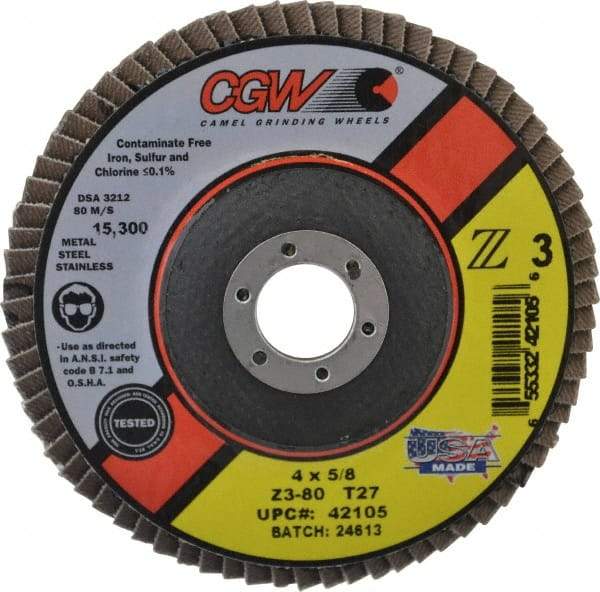 Camel Grinding Wheels - 80 Grit, 4" Disc Diam, 5/8" Center Hole, Type 27 Zirconia Alumina Flap Disc - 15,300 Max RPM, Poly Cotton Backing, Arbor Attaching System, Coated - Industrial Tool & Supply