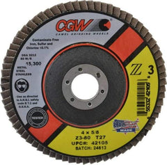 Camel Grinding Wheels - 80 Grit, 4" Disc Diam, 5/8" Center Hole, Type 27 Zirconia Alumina Flap Disc - 15,300 Max RPM, Poly Cotton Backing, Arbor Attaching System, Coated - Industrial Tool & Supply