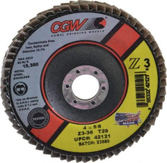 Camel Grinding Wheels - 36 Grit, 4" Disc Diam, 5/8" Center Hole, Type 29 Zirconia Alumina Flap Disc - 15,300 Max RPM, Poly Cotton Backing, Arbor Attaching System, Coated - Industrial Tool & Supply