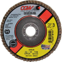 Camel Grinding Wheels - 40 Grit, 4" Disc Diam, 5/8" Center Hole, Type 29 Zirconia Alumina Flap Disc - 15,300 Max RPM, Poly Cotton Backing, Arbor Attaching System, Coated - Industrial Tool & Supply