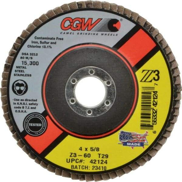 Camel Grinding Wheels - 60 Grit, 4" Disc Diam, 5/8" Center Hole, Type 29 Zirconia Alumina Flap Disc - 15,300 Max RPM, Poly Cotton Backing, Arbor Attaching System, Coated - Industrial Tool & Supply