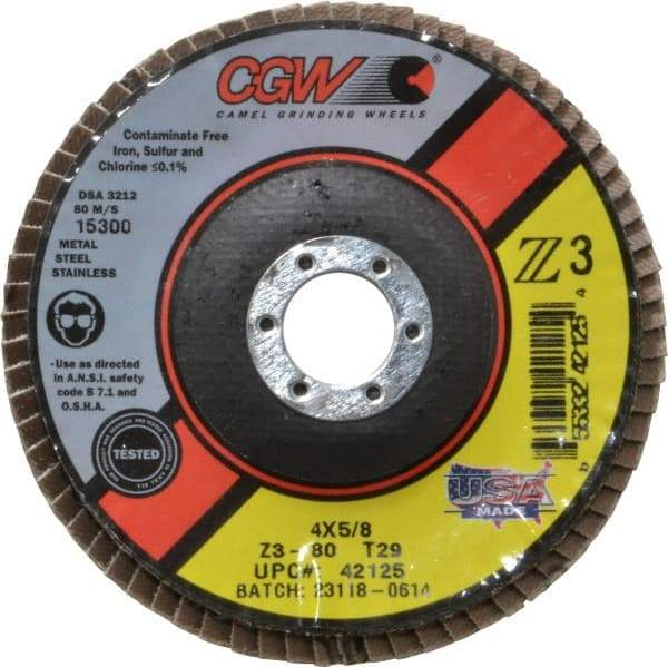 Camel Grinding Wheels - 80 Grit, 4" Disc Diam, 5/8" Center Hole, Type 29 Zirconia Alumina Flap Disc - 15,300 Max RPM, Poly Cotton Backing, Arbor Attaching System, Coated - Industrial Tool & Supply