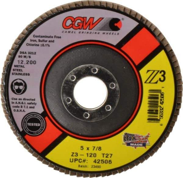 Camel Grinding Wheels - 120 Grit, 5" Disc Diam, 7/8" Center Hole, Type 27 Zirconia Alumina Flap Disc - 12,200 Max RPM, Poly Cotton Backing, Arbor Attaching System, Coated - Industrial Tool & Supply