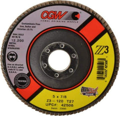 Camel Grinding Wheels - 120 Grit, 5" Disc Diam, 7/8" Center Hole, Type 27 Zirconia Alumina Flap Disc - 12,200 Max RPM, Poly Cotton Backing, Arbor Attaching System, Coated - Industrial Tool & Supply