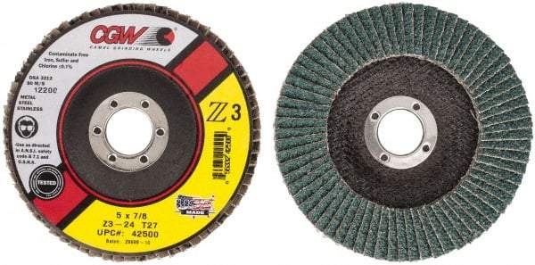 Camel Grinding Wheels - 24 Grit, 5" Disc Diam, 7/8" Center Hole, Type 27 Zirconia Alumina Flap Disc - 12,200 Max RPM, Poly Cotton Backing, Arbor Attaching System, Coated - Industrial Tool & Supply