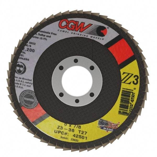 Camel Grinding Wheels - 36 Grit, 5" Disc Diam, 7/8" Center Hole, Type 27 Zirconia Alumina Flap Disc - 12,200 Max RPM, Poly Cotton Backing, Arbor Attaching System, Coated - Industrial Tool & Supply