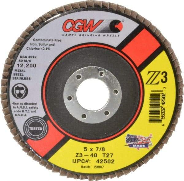 Camel Grinding Wheels - 40 Grit, 5" Disc Diam, 7/8" Center Hole, Type 27 Zirconia Alumina Flap Disc - 12,200 Max RPM, Poly Cotton Backing, Arbor Attaching System, Coated - Industrial Tool & Supply