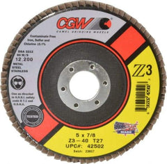 Camel Grinding Wheels - 40 Grit, 5" Disc Diam, 7/8" Center Hole, Type 27 Zirconia Alumina Flap Disc - 12,200 Max RPM, Poly Cotton Backing, Arbor Attaching System, Coated - Industrial Tool & Supply