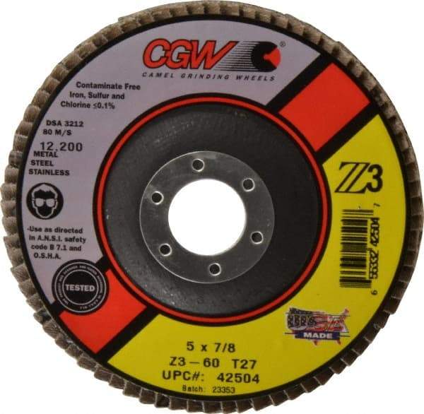 Camel Grinding Wheels - 60 Grit, 5" Disc Diam, 7/8" Center Hole, Type 27 Zirconia Alumina Flap Disc - 12,200 Max RPM, Poly Cotton Backing, Arbor Attaching System, Coated - Industrial Tool & Supply