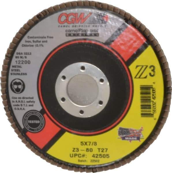Camel Grinding Wheels - 80 Grit, 5" Disc Diam, 7/8" Center Hole, Type 27 Zirconia Alumina Flap Disc - 12,200 Max RPM, Poly Cotton Backing, Arbor Attaching System, Coated - Industrial Tool & Supply