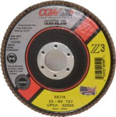 Camel Grinding Wheels - 80 Grit, 5" Disc Diam, 7/8" Center Hole, Type 27 Zirconia Alumina Flap Disc - 12,200 Max RPM, Poly Cotton Backing, Arbor Attaching System, Coated - Industrial Tool & Supply