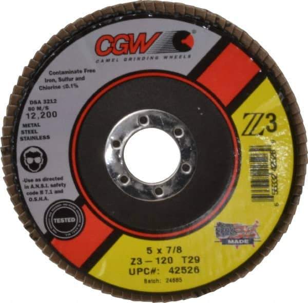 Camel Grinding Wheels - 120 Grit, 5" Disc Diam, 7/8" Center Hole, Type 29 Zirconia Alumina Flap Disc - 12,200 Max RPM, Poly Cotton Backing, Arbor Attaching System, Coated - Industrial Tool & Supply