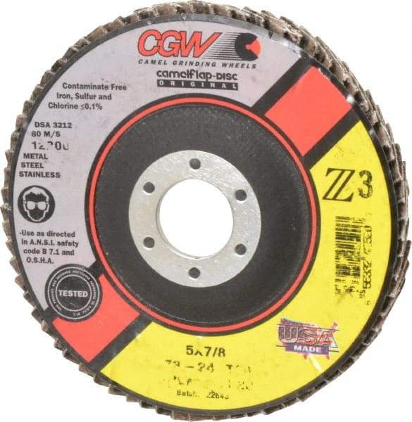 Camel Grinding Wheels - 24 Grit, 5" Disc Diam, 7/8" Center Hole, Type 29 Zirconia Alumina Flap Disc - 12,200 Max RPM, Poly Cotton Backing, Arbor Attaching System, Coated - Industrial Tool & Supply