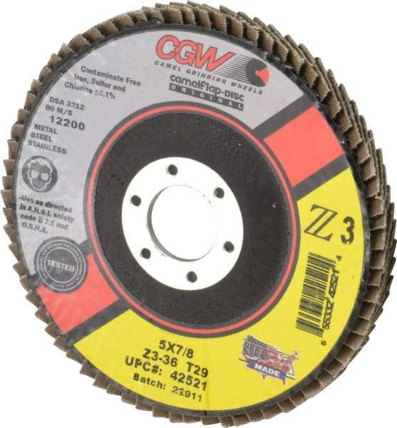 Camel Grinding Wheels - 36 Grit, 5" Disc Diam, 7/8" Center Hole, Type 29 Zirconia Alumina Flap Disc - 12,200 Max RPM, Poly Cotton Backing, Arbor Attaching System, Coated - Industrial Tool & Supply