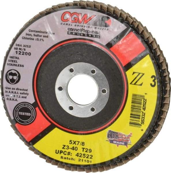 Camel Grinding Wheels - 40 Grit, 5" Disc Diam, 7/8" Center Hole, Type 29 Zirconia Alumina Flap Disc - 12,200 Max RPM, Poly Cotton Backing, Arbor Attaching System, Coated - Industrial Tool & Supply