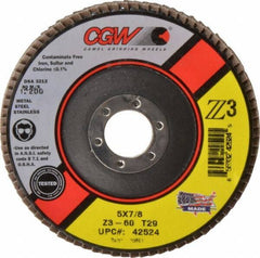 Camel Grinding Wheels - 60 Grit, 5" Disc Diam, 7/8" Center Hole, Type 29 Zirconia Alumina Flap Disc - 12,200 Max RPM, Poly Cotton Backing, Arbor Attaching System, Coated - Industrial Tool & Supply