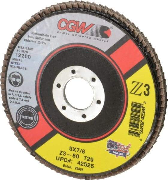 Camel Grinding Wheels - 80 Grit, 5" Disc Diam, 7/8" Center Hole, Type 29 Zirconia Alumina Flap Disc - 12,200 Max RPM, Poly Cotton Backing, Arbor Attaching System, Coated - Industrial Tool & Supply