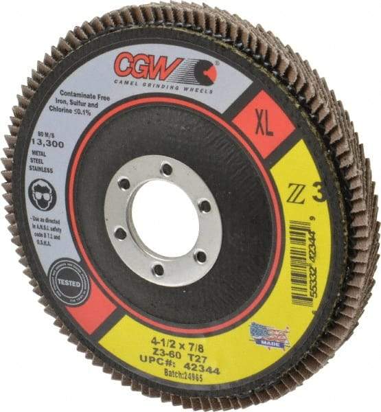 Camel Grinding Wheels - 60 Grit, 4-1/2" Disc Diam, 7/8" Center Hole, Type 27 Zirconia Alumina Flap Disc - 13,300 Max RPM, Poly Cotton Backing, Arbor Attaching System, Coated - Industrial Tool & Supply