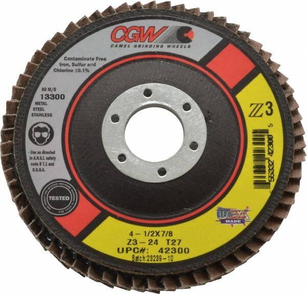 Camel Grinding Wheels - 24 Grit, 4-1/2" Disc Diam, 7/8" Center Hole, Type 27 Zirconia Alumina Flap Disc - 13,300 Max RPM, Poly Cotton Backing, Arbor Attaching System, Coated - Industrial Tool & Supply
