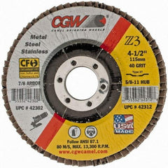 Camel Grinding Wheels - 40 Grit, 4-1/2" Disc Diam, 7/8" Center Hole, Type 27 Zirconia Alumina Flap Disc - 13,300 Max RPM, Poly Cotton Backing, Arbor Attaching System, Coated - Industrial Tool & Supply