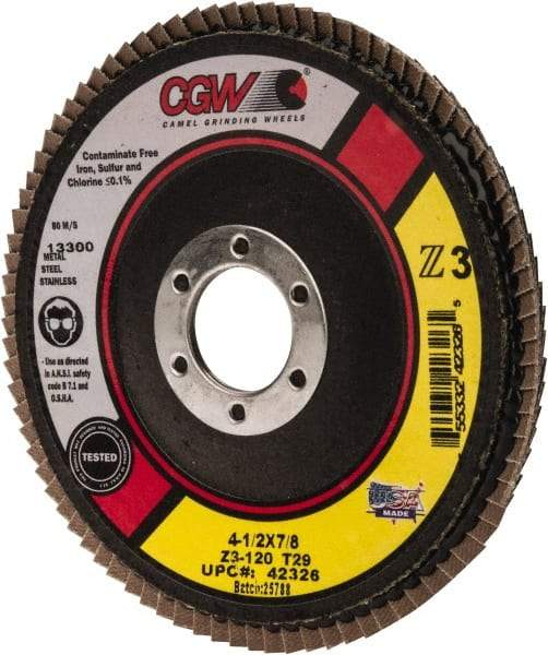 Camel Grinding Wheels - 120 Grit, 4-1/2" Disc Diam, 7/8" Center Hole, Type 29 Zirconia Alumina Flap Disc - 13,300 Max RPM, Poly Cotton Backing, Arbor Attaching System, Coated - Industrial Tool & Supply