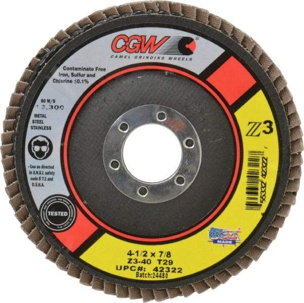 Camel Grinding Wheels - 40 Grit, 4-1/2" Disc Diam, 7/8" Center Hole, Type 29 Zirconia Alumina Flap Disc - 13,300 Max RPM, Poly Cotton Backing, Arbor Attaching System, Coated - Industrial Tool & Supply