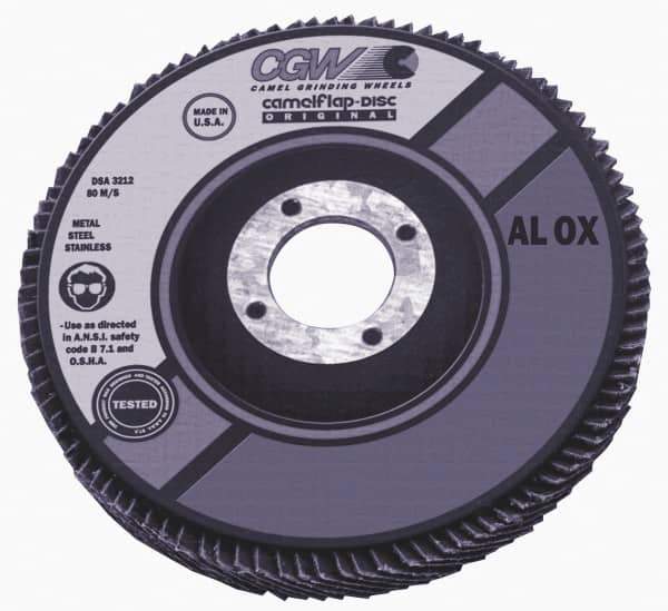 Camel Grinding Wheels - 40 Grit, 4" Disc Diam, 7/8" Center Hole, Type 27 Aluminum Oxide Flap Disc - 15,300 Max RPM, Polyester Backing, Arbor Attaching System, Coated - Industrial Tool & Supply