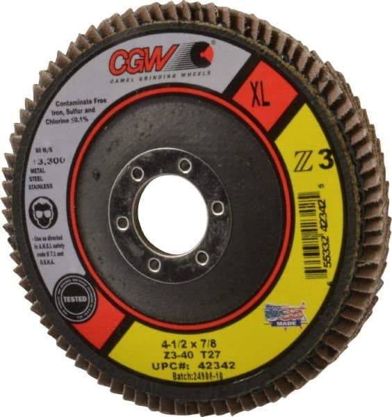 Camel Grinding Wheels - 40 Grit, 4-1/2" Disc Diam, 7/8" Center Hole, Type 27 Zirconia Alumina Flap Disc - 13,300 Max RPM, Poly Cotton Backing, Arbor Attaching System, Coated - Industrial Tool & Supply