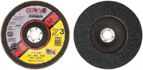 Camel Grinding Wheels - 60 Grit, 7" Disc Diam, 7/8" Center Hole, Type 29 Zirconia Alumina Flap Disc - 8,600 Max RPM, Poly Cotton Backing, Arbor Attaching System, Coated - Industrial Tool & Supply