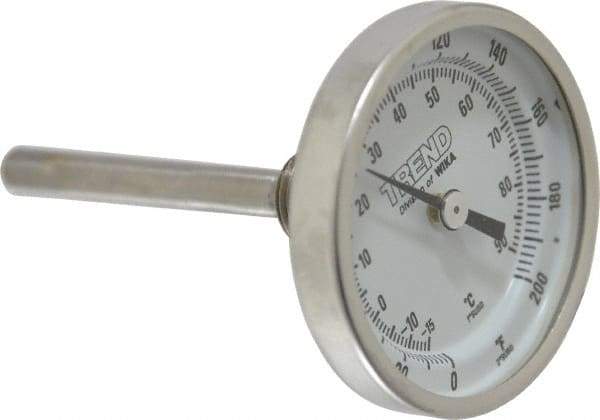Wika - 2-1/2 Inch Long Stem, 2 Inch Dial Diameter, Stainless Steel, Back Connected Bi-Metal Thermometer - -15 to 90°C, 1% Accuracy - Industrial Tool & Supply