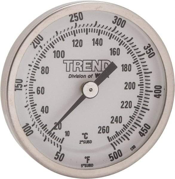 Wika - 2-1/2 Inch Long Stem, 2 Inch Dial Diameter, Stainless Steel, Back Connected Bi-Metal Thermometer - 10 to 260°C, 1% Accuracy - Industrial Tool & Supply