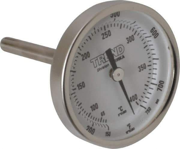 Wika - 2-1/2 Inch Long Stem, 2 Inch Dial Diameter, Stainless Steel, Back Connected Bi-Metal Thermometer - 65 to 400°C, 1% Accuracy - Industrial Tool & Supply