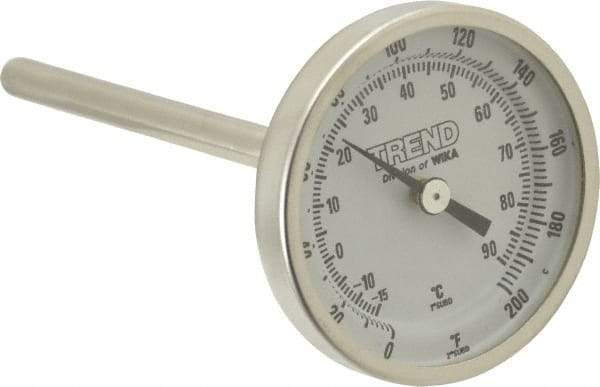 Wika - 4 Inch Long Stem, 2 Inch Dial Diameter, Stainless Steel, Back Connected Bi-Metal Thermometer - -15 to 90°C, 1% Accuracy - Industrial Tool & Supply