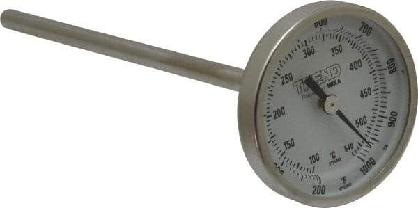 Wika - 6 Inch Long Stem, 2 Inch Dial Diameter, Stainless Steel, Back Connected Bi-Metal Thermometer - 100 to 540°C, 1% Accuracy - Industrial Tool & Supply
