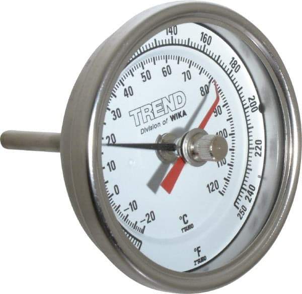Wika - 2-1/2 Inch Long Stem, 3 Inch Dial Diameter, Stainless Steel, Back Connected Bi-Metal Thermometer - -20 to 120°C, 1% Accuracy - Industrial Tool & Supply