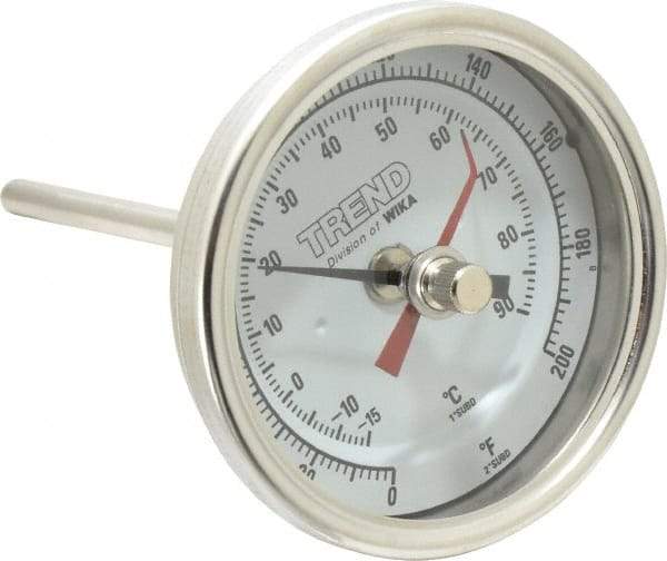 Wika - 4 Inch Long Stem, 3 Inch Dial Diameter, Stainless Steel, Back Connected Bi-Metal Thermometer - -15 to 90°C, 1% Accuracy - Industrial Tool & Supply