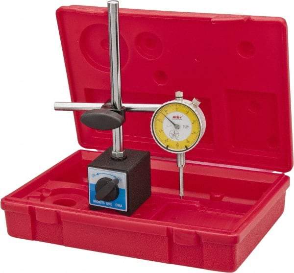 Value Collection - 0.001" Graduation, 0-100 Dial Reading, Dial Indicator & Base Kit - 55mm Base Length x 50mm Base Width x 63mm Base Height, 2-9/32" Dial Diam - Industrial Tool & Supply