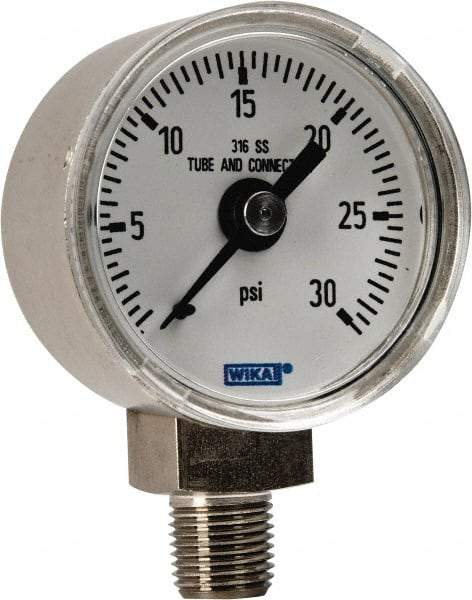Wika - 1-1/2" Dial, 1/8 Thread, 0-30 Scale Range, Pressure Gauge - Lower Connection Mount, Accurate to 2.5% of Scale - Industrial Tool & Supply