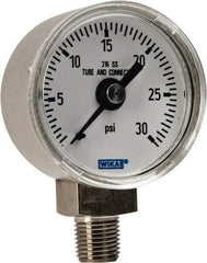 Wika - 1-1/2" Dial, 1/8 Thread, 0-30 Scale Range, Pressure Gauge - Lower Connection Mount, Accurate to 2.5% of Scale - Industrial Tool & Supply