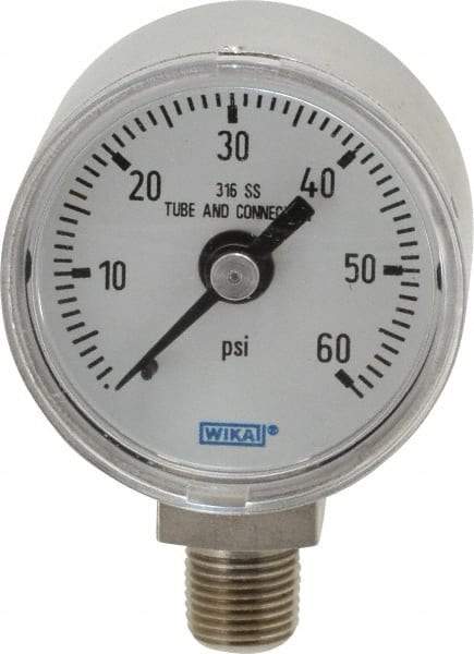 Wika - 1-1/2" Dial, 1/8 Thread, 0-60 Scale Range, Pressure Gauge - Lower Connection Mount, Accurate to 2.5% of Scale - Industrial Tool & Supply