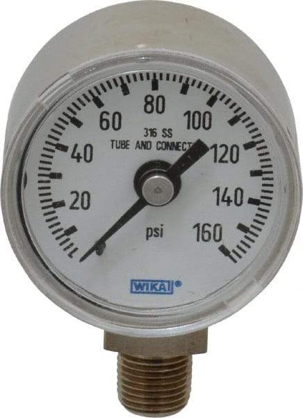 Wika - 1-1/2" Dial, 1/8 Thread, 0-160 Scale Range, Pressure Gauge - Lower Connection Mount, Accurate to 2.5% of Scale - Industrial Tool & Supply